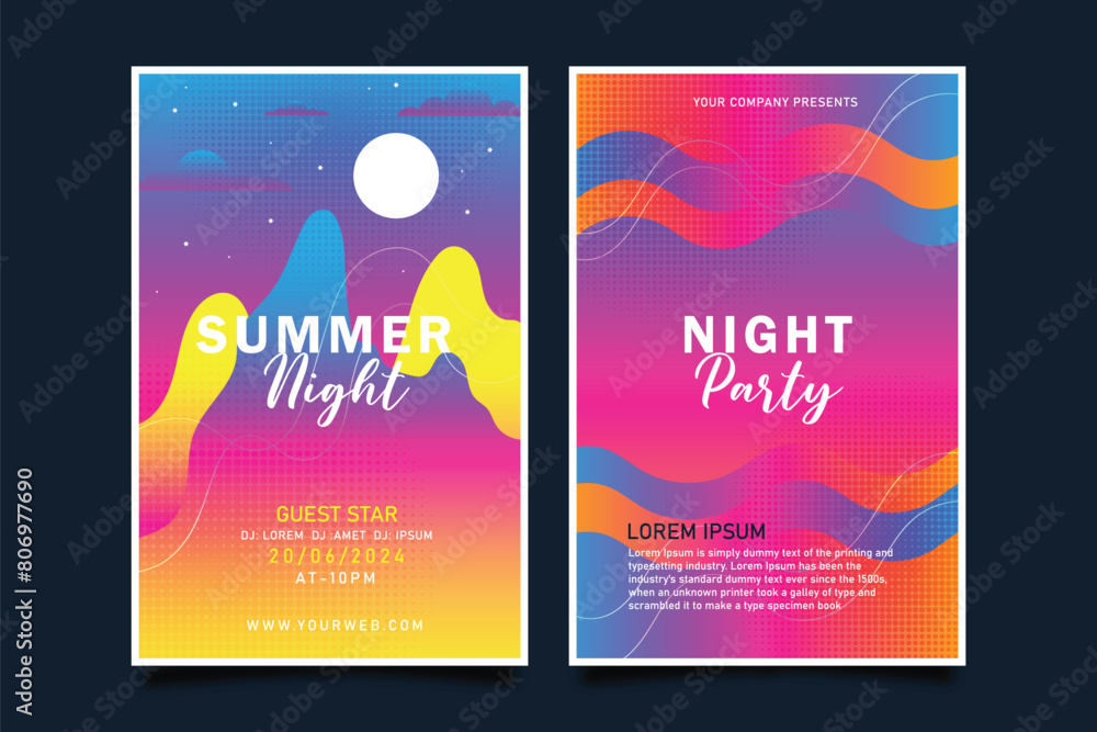 Summer night party poster with colourful liquid form. Club night flyer. Abstract gradients fluid shapes template backgrounds for cover, brochure