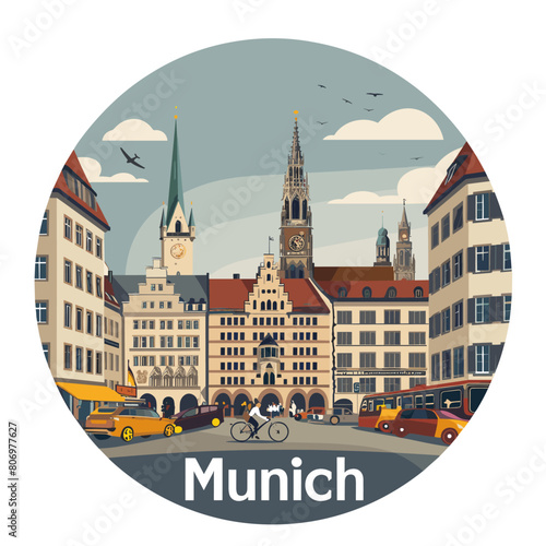 A round cityscape of Munich with a clock tower in the center. The city is bustling with activity, with cars, buses, and bicycles moving through the streets