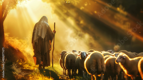 A shepherd with a staff walking among a flock of sheep in a sunlit pastoral landscape. photo