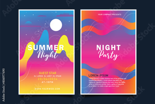 Summer night party poster with colourful liquid form. Club night flyer. Abstract gradients fluid shapes template backgrounds for cover, brochure
