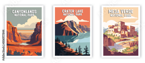 Canyonlands, Cratter Lake, Mesa Verde Illustration Art. Travel Poster Wall Art. Minimalist Vector art