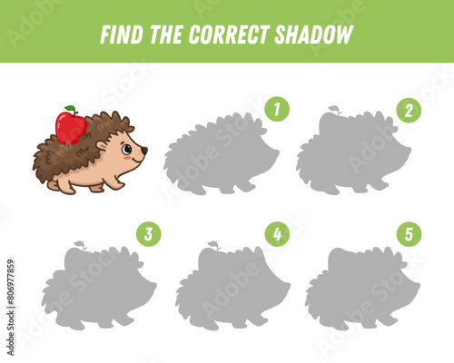 Find correct shadow of cute hedgehog with red apple. Educational logical game for kids. Forest animal. Cartoon hedgehog . Vector iliustration
