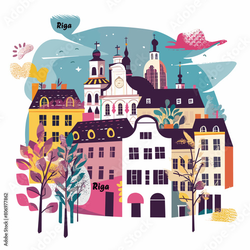 A colorful cityscape of Riga with a church in the middle. The buildings are tall and colorful, and there are trees and birds in the background