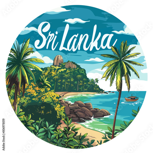 Sri Lanka is a beautiful island with palm trees and a beach. The ocean is calm and the sky is blue