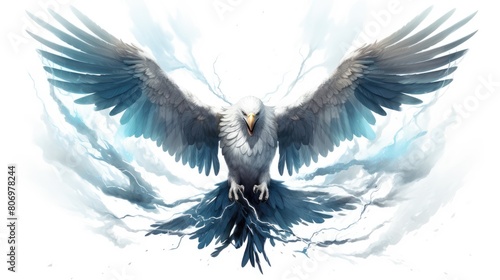 Thunderbird stormcaller watercolor illustration - Generative AI. Blue, white, thunderbird, storm, cloud.