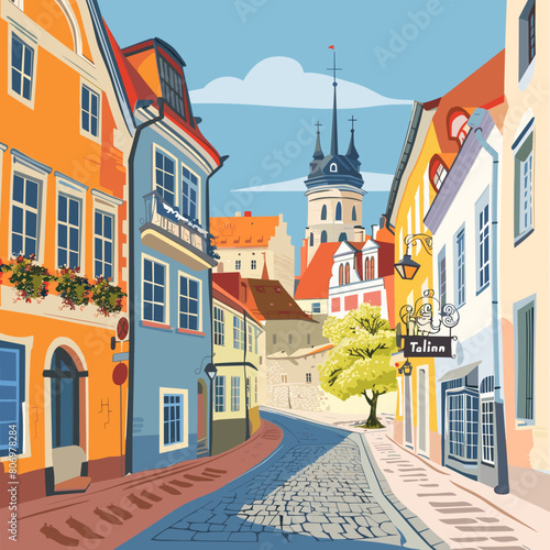 A street scene with a tree in the middle of the road. The street is narrow and has a cobblestone surface. There are several buildings on either side of the street