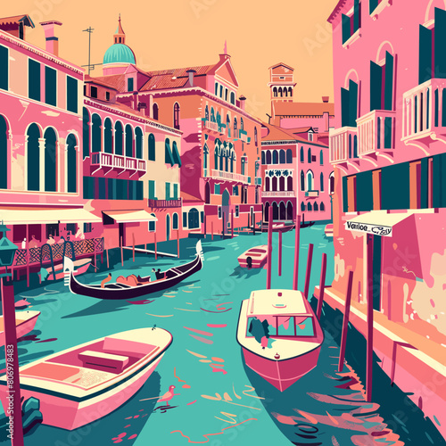 A painting of a Venice city with boats on the water
