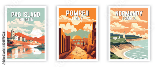 Pag Island, Normandy, Pompeii Illustration Art. Travel Poster Wall Art. Minimalist Vector art