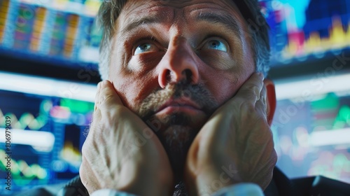 Close-up portrait of a stressed financial trader in front of multiple screens showing live stock market data, highlighting the intensity of financial markets