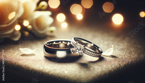 Two wedding rings close-up, placed on a soft, dark surface. The rings are finely crafted with shiny silver metal
