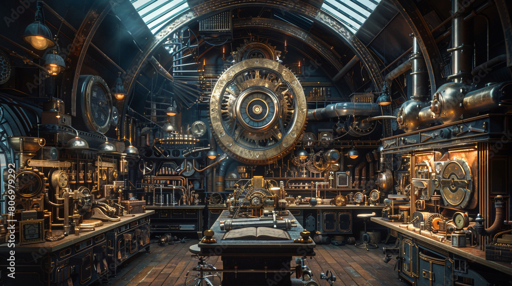 a steampunk workshop with a podium made of gears and brass, industrial decor, and intricate machinery