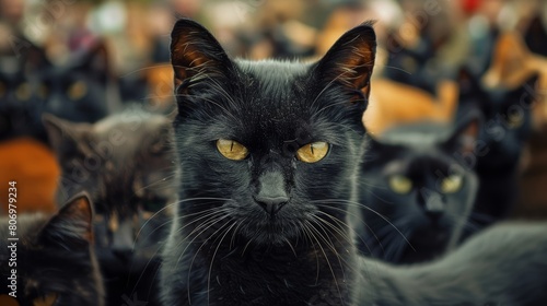 Compelling close-up portrait of a black cat standing distinct and dignified amidst a crowd, showcasing the courage to stand out and lead