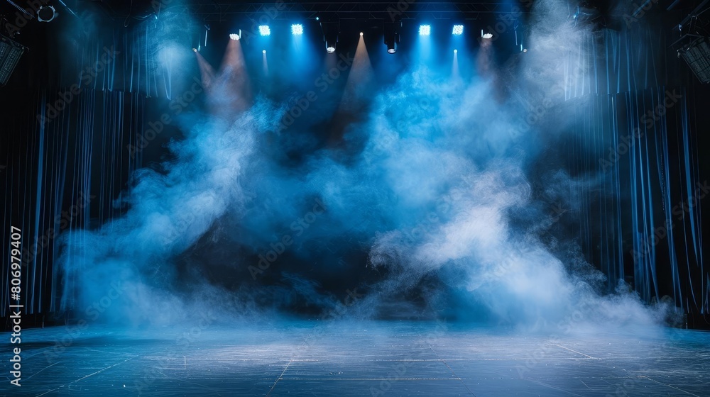 empty stage with dramatic spotlights and smoke theater banner background