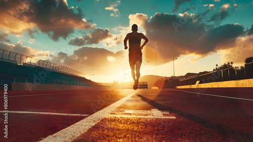 a silhouette of a person mid-run on a track in golden sunlight