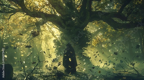 enchanted forest with flying leaves surrounding a mystical figure fantasy concept art
