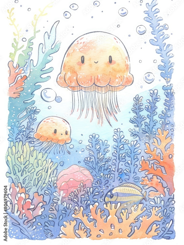 Illustration, watercolor painting, seaweed and jellyfish, white background, flat painting --ar 3:4 --sref