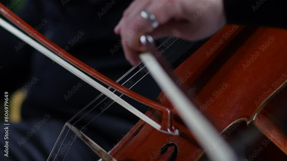 Symphony orchestra concert female musician playing cello, classical music playing stringed classical musical instruments, Closeup view of violoncello and hands of musician, cellist is playing cello