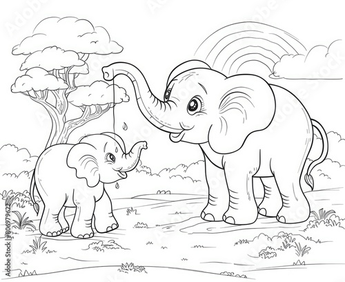 coloring pages of cute animated big Elephant father sprays rainbow out of trunk for tiny baby elephant  in the background of the African savannah 