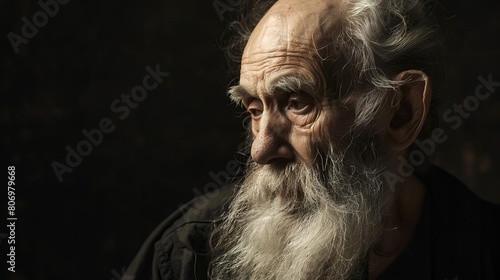 enigmatic biblical portrait of elderly man with flowing white beard dramatic chiaroscuro