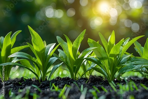 Lush Green Young Plants Emerging in Sunlit Garden Soil