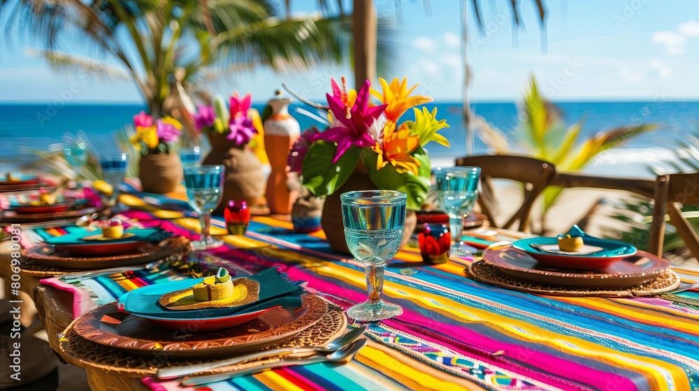 festive cinco de mayo party table with mexican decorations and exotic beach backdrop festive cinco de mayo party table with mexican decorations and exotic beach backdrop