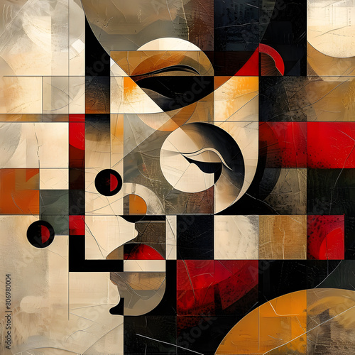 Cubism art style with abstract geometric shapes.