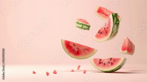 Minimalist design poster featuring cut pieces of watermelon floating in midair, highlighted by expansive negative space for a clean look