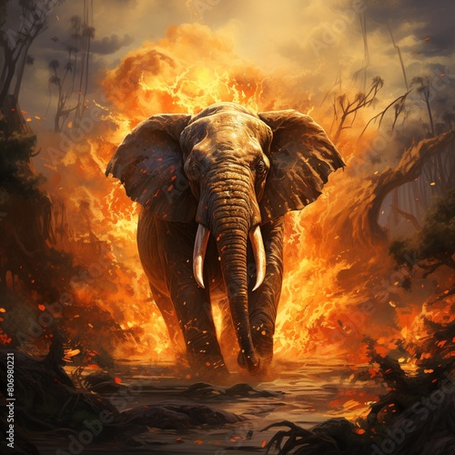 elephant in the wild Elephant grazing in a jungle amid flames.