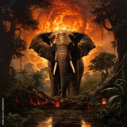elephant in the wild Elephant grazing in a jungle amid flames.