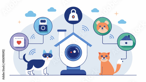 An inhome camera system that detects and tracks your pets movements and interactions offering insights and suggestions for improving social behaviors. Vector illustration photo