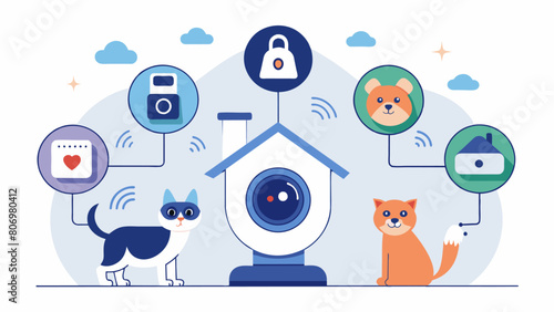 An inhome camera system that detects and tracks your pets movements and interactions offering insights and suggestions for improving social behaviors. Vector illustration