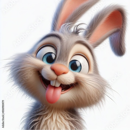 a photorealistic whimsical cartoon rabbit with a mischievous grin. The rabbit has blue eyes and long fur