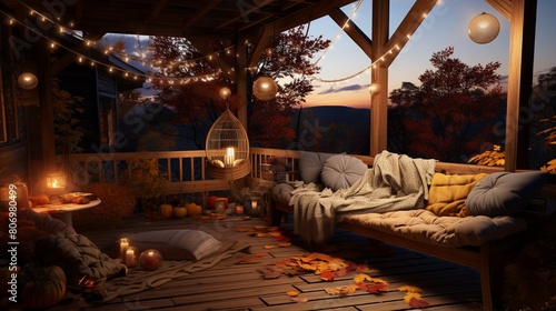 room at night in winter Fall-themed patio with a big comfy couch and a big fluffy rug.