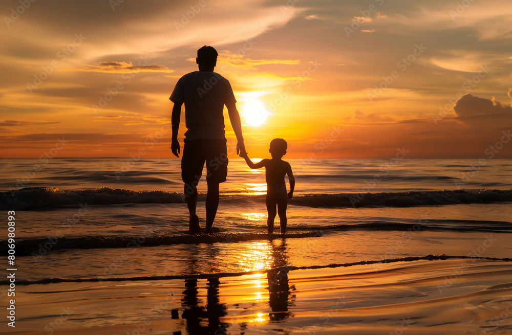 Silhouettes of joyful father and son at sunset on the beach