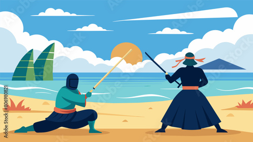 As the gentle sea breeze carries the sound of chanting and the clashing of swords across the beach the Kendo demonstration becomes a mesmerizing. Vector illustration