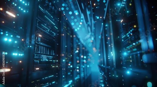 futuristic data center with glowing fiber optic cables hightech network equipment dramatic blue lighting 3d render