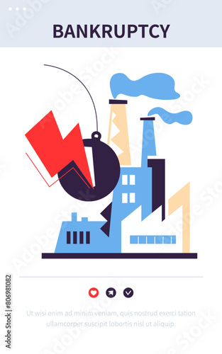 Bankruptcy and destruction - colorful flat design style banner with linear elements. Composition with the factory building which is destroyed by ball ram. Construction demolition and damage idea © Boyko.Pictures