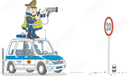 Traffic policeman with a portable speed trap and a radio transmitter standing on a patrol police car and spying on moving automobiles on a highway, vector cartoon illustration