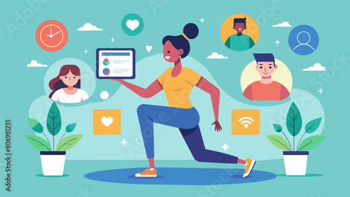 A person using an interactive fitness app to join virtual classes and connect with others creating a sense of community and accountability for their. Vector illustration
