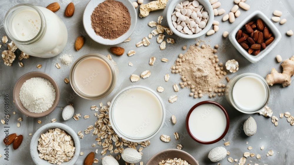 Different vegan plant milk and ingredients on gray background Different vegan plant milk and ingredients on gray background