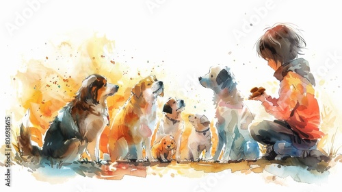 Create a heartwarming watercolor illustration of a child gently feeding treats to a group of obedient dogs photo