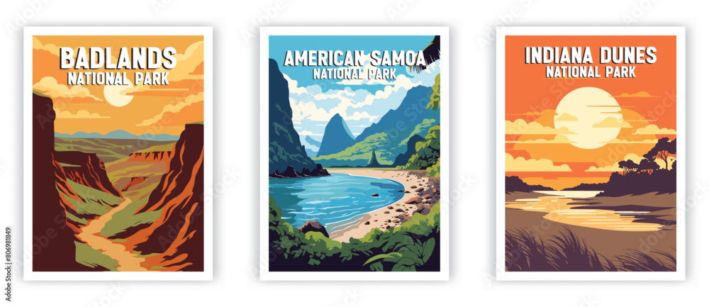 Badlands, American Samoa, Indiana Dunes Illustration Art. Travel Poster Wall Art. Minimalist Vector art
