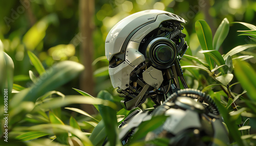 Explore a robotic jungle explorer at eye level, featuring sleek metal limbs against a lush, verdant backdrop The contrast of technology and nature is key photo