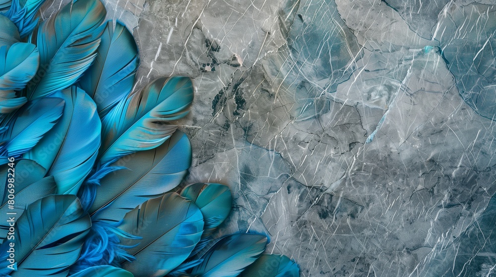 Vibrant feather patterns in blue and turquoise on a classic grey marble wallpaper.