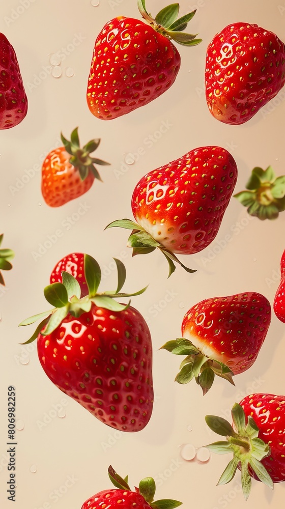 Dynamic graphic poster with segments of strawberry suspended in space, creating a visual feast with bright red colors against a neutral backdrop Dynamic graphic poster with segments of strawberry suspended in space, creating a visual feast with bright red colors against a neutral backdrop