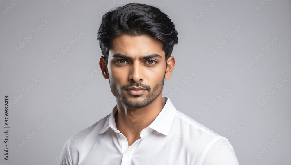 handsome charming indian male model studio portrait on plain white background from Generative AI handsome charming indian male model studio portrait on plain white background from Generative AI