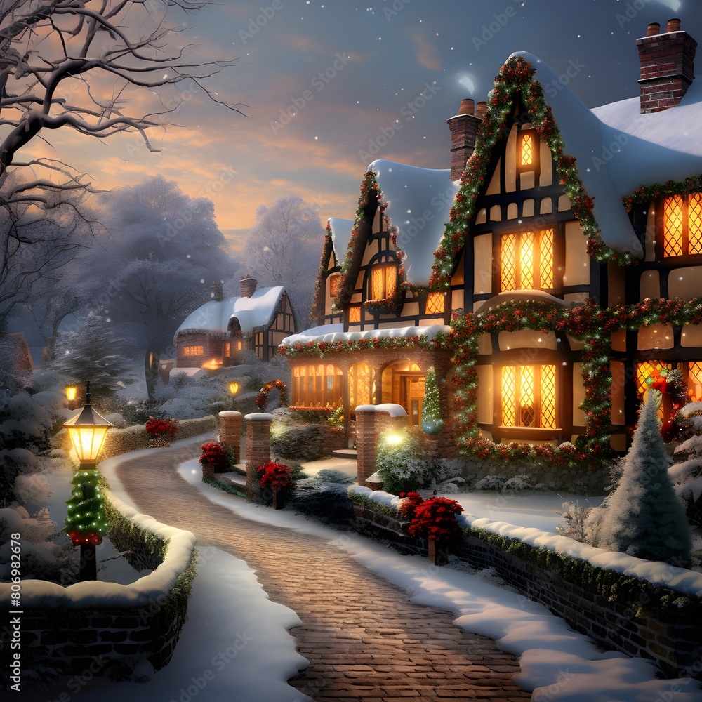 Christmas night in the village. Christmas and New Year holidays concept.