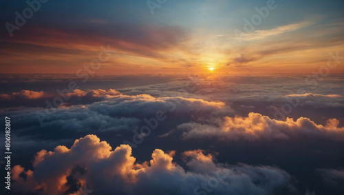 Envision a celestial spectacle, an abstract illustration of a sunset above the clouds, stretching across an extra-wide format, evoking feelings of hope and the divine in a heavenly panorama.