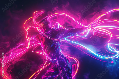 Illustrate a dancer entwined with glowing neon wires in a watercolor style