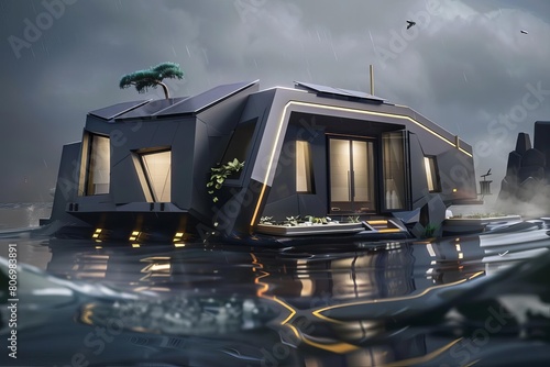 Floating bunker designed for postflood survival, featuring hydroponic gardens and solar panels, adrift on expansive floodwaters photo